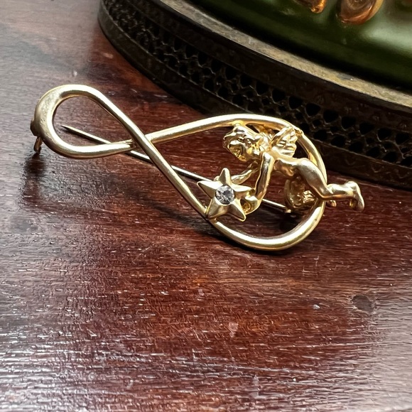 Music Clef Note with Cherub Star Gold Vintage Pin Brooch - Picture 4 of 8